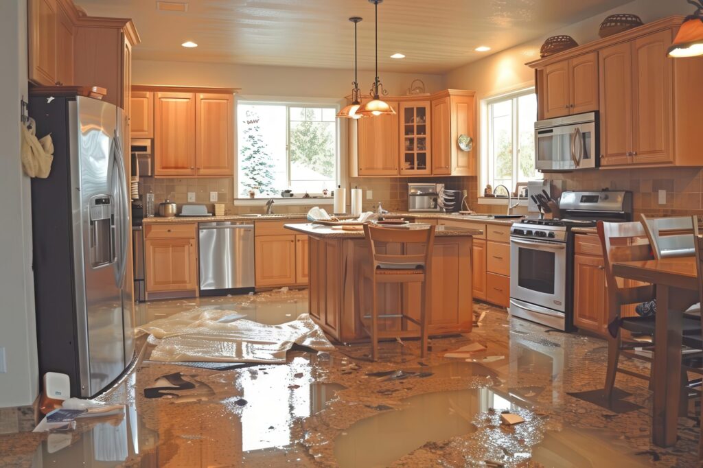 flooded kitchen interior with water pooling on the floor damaged cabinets and appliances illustrate the aftermath of a serious plumbing leak or natural disaster