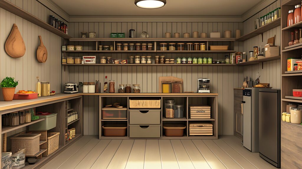 Well-organized pantry with ample shelving, filled with various jars, containers, and kitchen essentials.